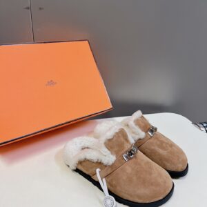 Hermès Shearling Suede Mules - Camel with Silver Kelly Lock