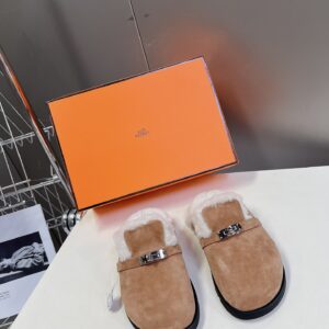 Hermès Shearling Suede Mules - Camel with Silver Kelly Lock