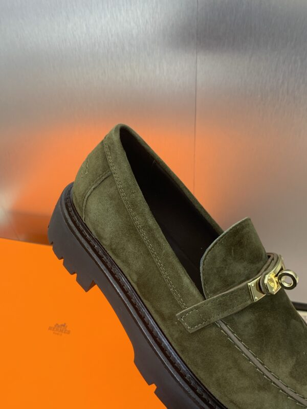 Hermès Paris Loafer - Suede Green with Gold Kelly Lock - Image 2