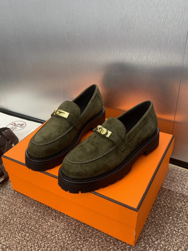Hermès Paris Loafer - Suede Green with Gold Kelly Lock - Image 4