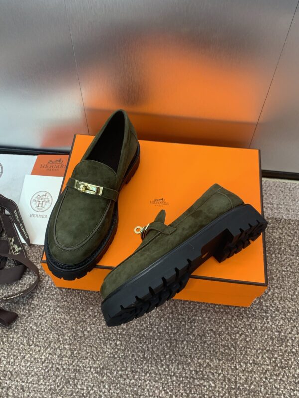 Hermès Paris Loafer - Suede Green with Gold Kelly Lock - Image 5